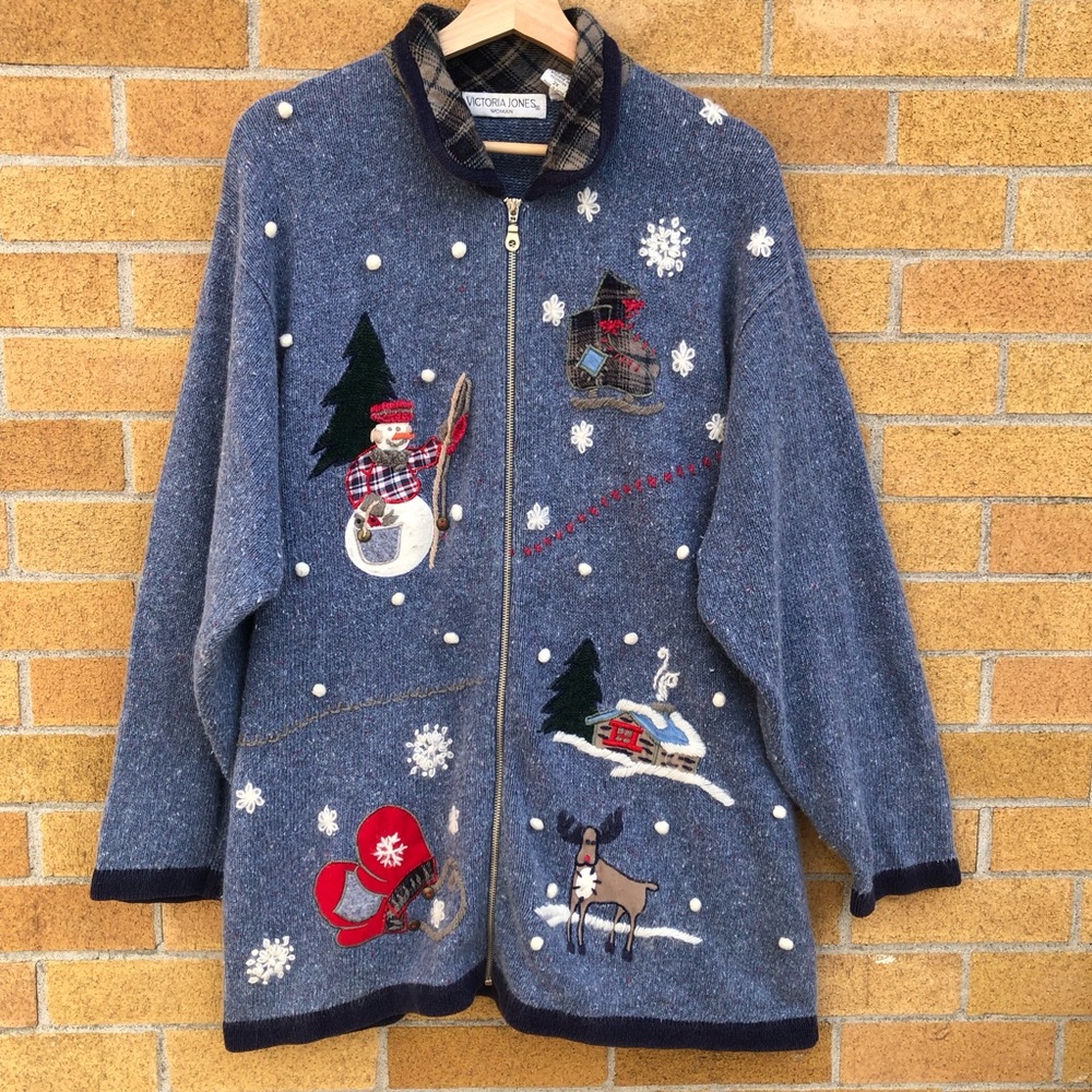 Victoria Jones Woman winter zip up Cardigan 90’s Angora snowman Plus Size -2X-💙